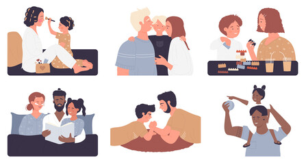 Parents and children, fun time parenthood isolated vector illustration set. Cartoon happy family hugging, mother and father character playing with son or daughter, dad reading bedtime story to child