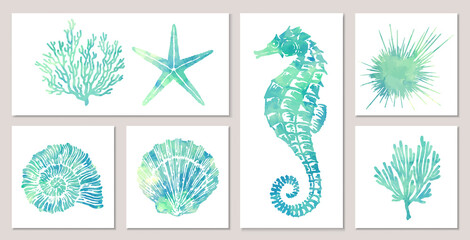 Set of sea elements in blue watercolor style: seashells, starfish, seahorse, coral. Composition of llustrations on wall in white frames - obrazy, fototapety, plakaty