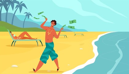 Obraz na płótnie Canvas Rich rest. Wealthy people relaxing on beach. Summer vacation by sea. Cartoon man throwing dollar banknotes. People in swimsuits sunbathing lying on lounge chairs. Vector luxury resort