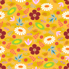 Fototapeta premium Seamless floral pattern with different elements of flowers on a yellow isolated background. Bright retro ornament with flowers.