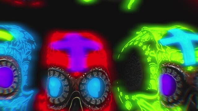 Seamless funny animation of falling glowing neon skulls. Halloween video loop with a trendy cool look