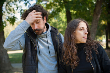 Couple in quarrel conflict, argue dissatisfied and try solve problem