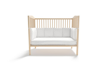 Blank wood cot with white crib sheet, protective bumpers mockup