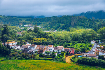 Fototapeta na wymiar View of Furnas Village in São Miguel Island, Azores, Portugal. View of Furnas a famous village for hotsprings geothermal in São Miguel Island Azores Portugal.