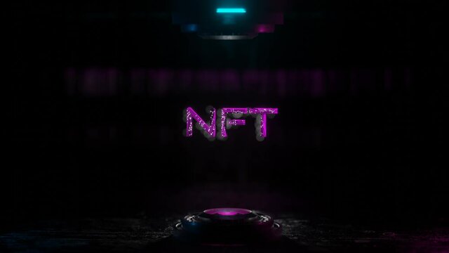 the word nft slowly flies up and down inside a fantastic portal. 3d animated loop background. crypto art concept. 3d render