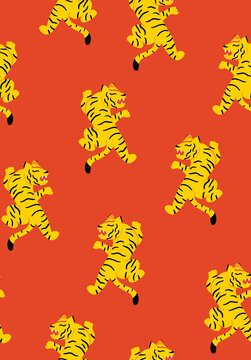 Seamless pattern with tigers in asian style. Vector red background