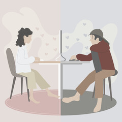 Young man and woman sitting at home with laptop and  chatting each other. Vector illustration.