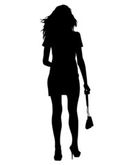 Beauty young girl in dress walking down street. Isolated silhouette on white background