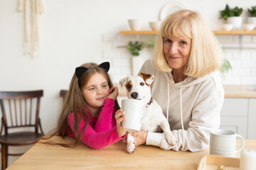 Happy granddaughter and grandmother in the kitchen with jack russell terrier dog. Grandma and grandchild spend time together at home. Senior people, family and generation concept.