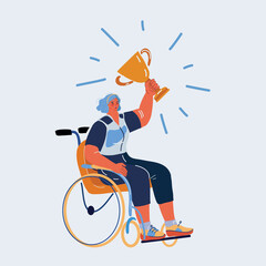 Vector illustration of Happy woman in wheelchair holding gold trophy cup, celebrating victory, sport success. Paralympic achievement concept.