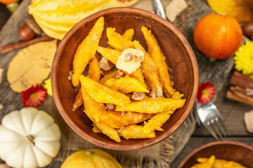Pumpkin gnocchi or Italian dumplings. Healthy vegetarian squash dish with cottage cheese