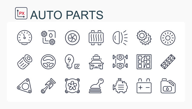 A set of vector illustrations, icons from a thin line with car parts. Car service. Auto parts store. Auto parts.