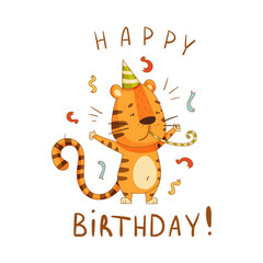 Happy Birthday. Cute little tiger in party hat celebrating holiday. Adorable baby animal character cartoon vector illustration