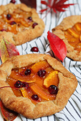 Pumpkin tart close up photo. Squash galette with cranberries, honey and cinnamon. Thanksgiving day dessert. Food still life. Autumn on a table. 