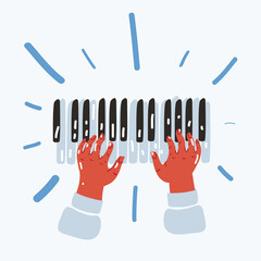 Vector illustration of two hands play on piano or synthesizer, midi keyboard.