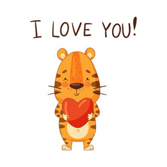I love you. Cute little tiger holding red heart. Adorable baby animal character cartoon vector illustration