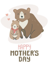 Cute doodle mom and baby bear family postcard. Happy mothers day card.