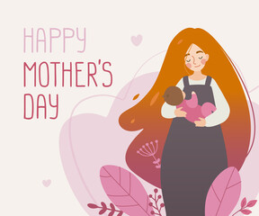 Happy mothers day postcard. Young beautiful woman with long red hair holding her baby and smiling.