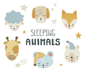 Cute doodle sleeping animals heads set. Collections of sleepy face fox, dog, bear, mouse, giraffe, lamp.