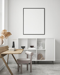 mock up poster frame in modern interior background, Home office, Scandinavian style, 3D render, 3D illustration