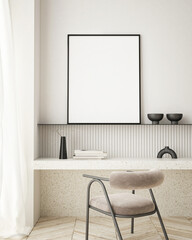 mock up poster frame in modern interior background, Home office, Scandinavian style, 3D render, 3D illustration