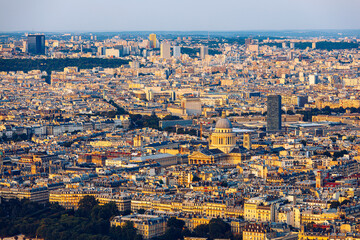 Panoramic view of Paris with the Pantheon at sunset, France. View of the Pantheon and the latin...