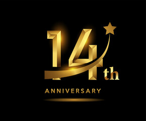 Golden 14 year anniversary celebration logo design with star symbol - obrazy, fototapety, plakaty