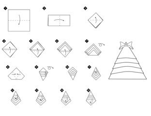 How to fold a napkin in the form of Christmas tree. Black line monochrome instruction, step by step tutorial.