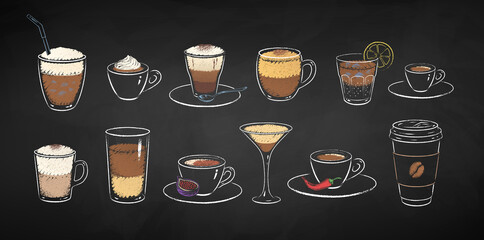 Vector set of coffee drinks chalk illustrations