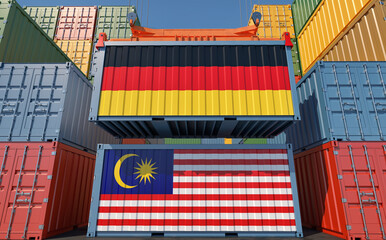 Shipping containers with Germany and Malaysia national flag. 3D Rendering 