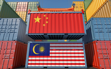 Shipping containers with China and Malaysia national flag. 3D Rendering 