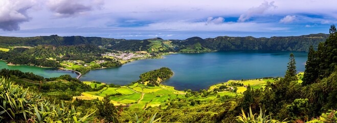 The Astonishing Lagoon Of The Seven Cities (Lagoa Das 7 Cidades), In Sao Miguel Azores, Portugal. Lagoon of the Seven Cities, Sao Miguel island, Azores. Ocean, aerial. Sao Miguel, Azores, Portugal.