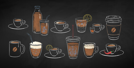 Vector set of coffee drinks chalk illustrations - obrazy, fototapety, plakaty