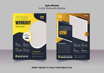 Gym flyer, fitness workout flyer red yellow color template design suitable for poster