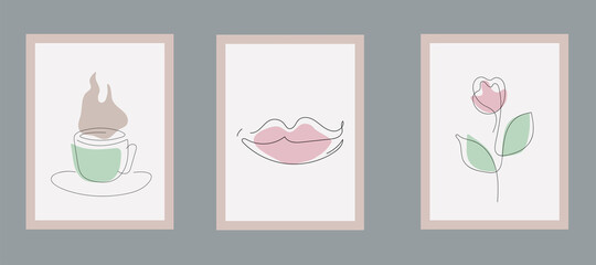 Vector line art or One Line Drawing of coffee, lips and flower.
