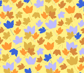 Seamless pattern of autumn leaves. Cute endless background of fall maple leaves in seasonal colors.