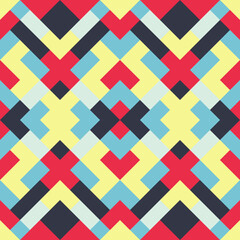 Abstract seamless pattern. Mosaic texture for textile, clown, carpeting, warp, book cover, clothes. Vector geometric background of triangles in yellow, blue and red colors