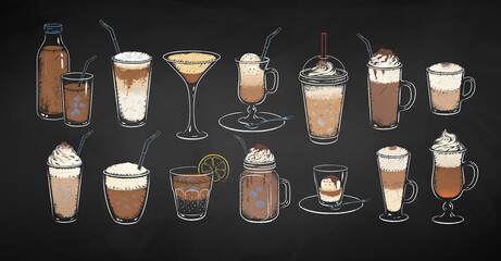 Vector set of coffee drinks chalk illustrations
