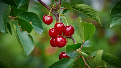 Ripe red cherry berries and green foliage on tree branches, in sunlight, close-up photography