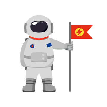 Astronauta, dibujo animado con bandera en la mano. Cosmonauta. Traje espacial de astronauta. Ilustración vectorial