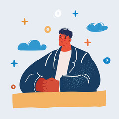 Vector illustration of man sitting at desk and listens to lectures