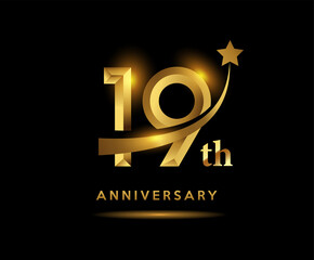 Golden 19 year anniversary celebration logo design with star symbol - obrazy, fototapety, plakaty