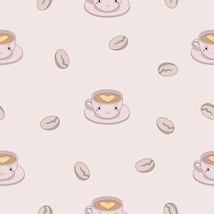 Seamless pattern with cute coffee attributes in pastel colors - vector illustration, eps stock illustration