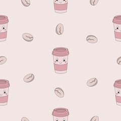 Seamless pattern with cute coffee attributes in pastel colors - vector illustration, eps stock illustration