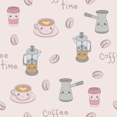 Seamless pattern with cute coffee attributes in pastel colors - vector illustration, eps stock illustration