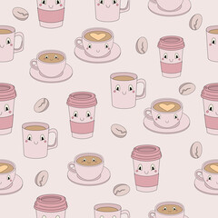 Seamless pattern with cute coffee attributes in pastel colors - vector illustration, eps stock illustration