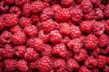Background of ripe red raspberries. Close up, top view. Harvest Concept.