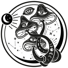 Mystical mushrooms with moon and stars