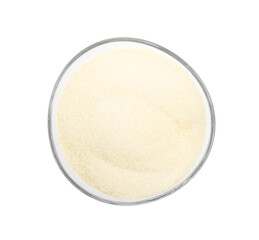 Gelatin powder in glass bowl isolated on white, top view