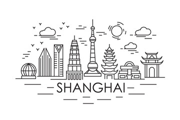 Shanghai lineart illustration. China holiday travel line drawing. Modern style Shanghai city illustration. Hand sketched poster, banner, postcard, card template for travel company, T-shirt, shirt
